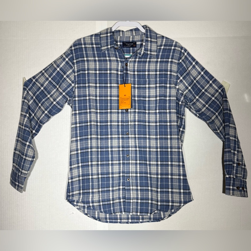 Visitor Button Down Shirt Mens Medium M Blue White Plaid Buttons Pocket NWT